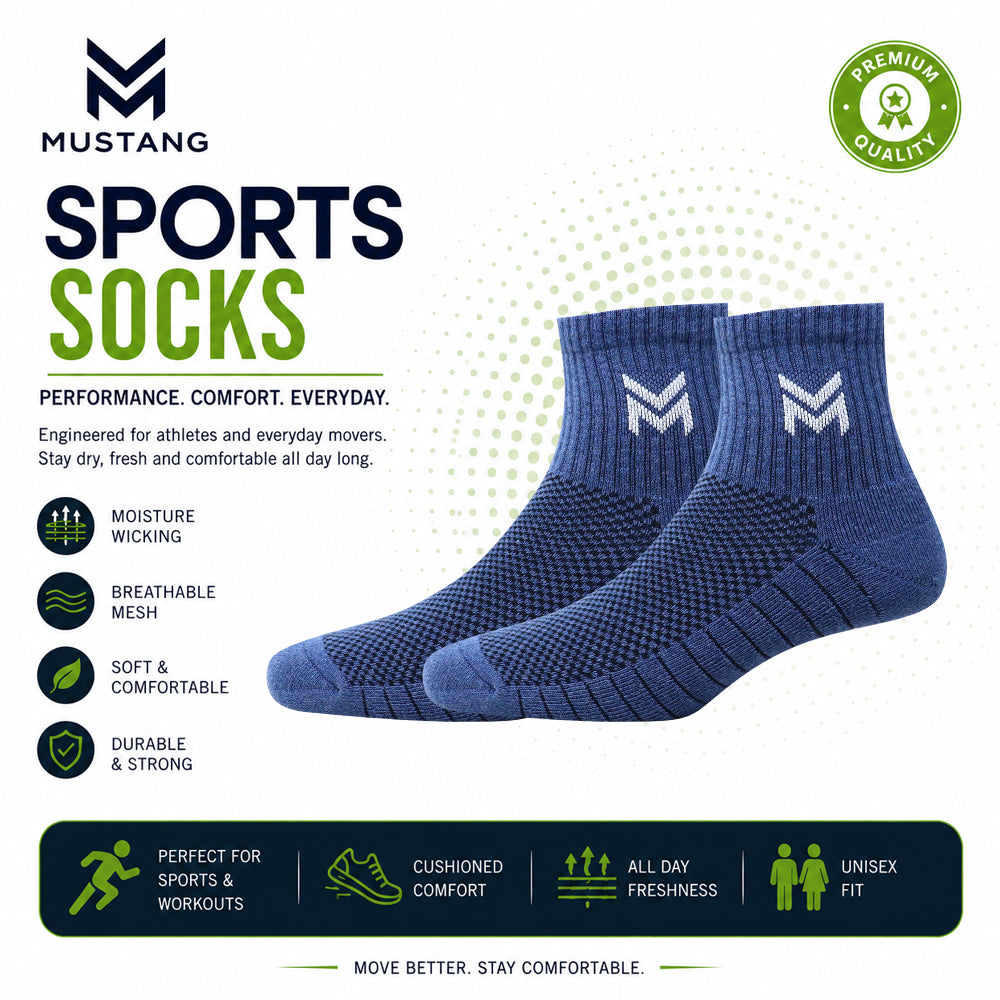 1 Pk Mustang Men’s Sports Socks – Dark Blue Cushioned Athletic Socks