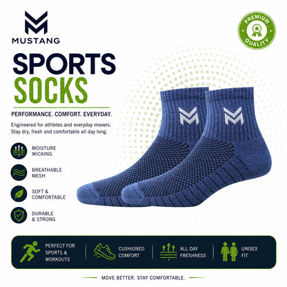 1 Pk Mustang Men’s Sports Socks – Dark Blue Cushioned Athletic Socks