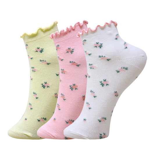 3 Pk Women's Floral Ruffle Crew Socks