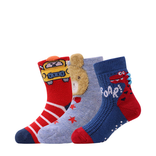 3 Pk Kids Cartoon Crew Socks – Soft Anti-Slip Cotton Socks