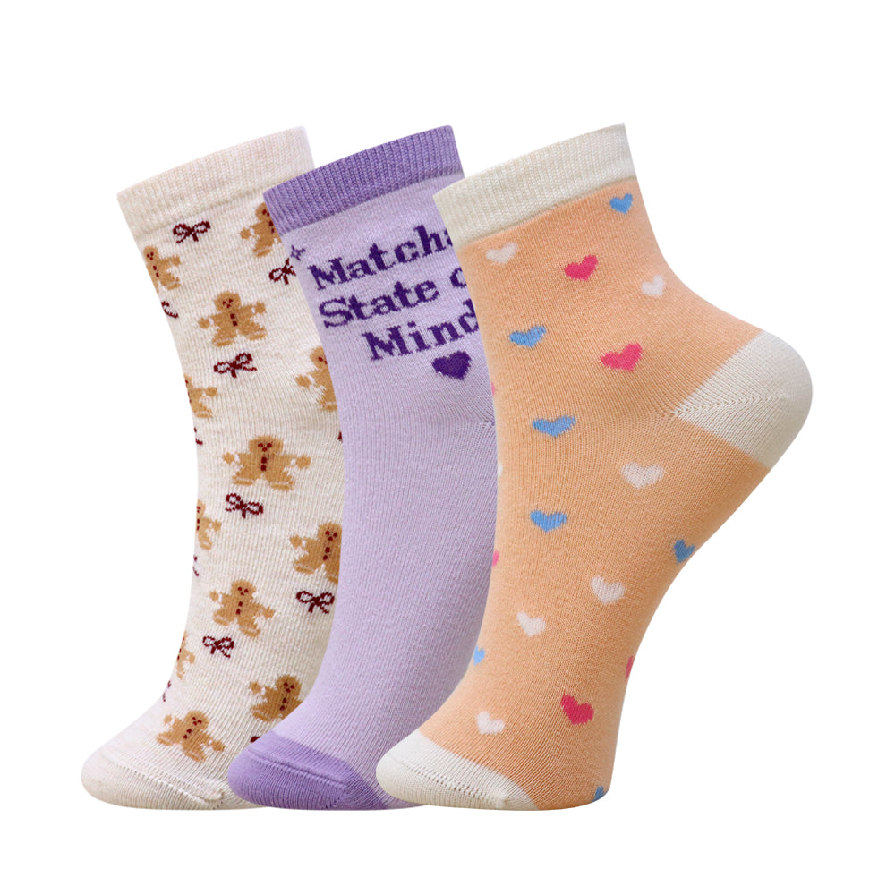 3 Pk Girls Cute Teddy Bear & Heart Print Crew Socks