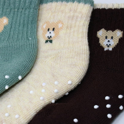 3 Pk Mustang Kids Ankle Socks With Teddy Bear Design & Non-Slip Dots