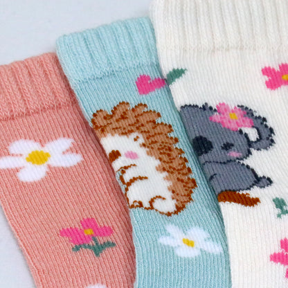 3 Pk Girls’ Floral & Animal Print Crew Socks