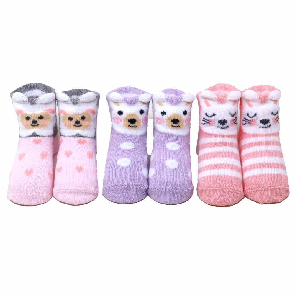 3 Pk Infant Cotton Terry Socks Cute Puppy, Bear & Kitty Designs Comfortable Baby Socks