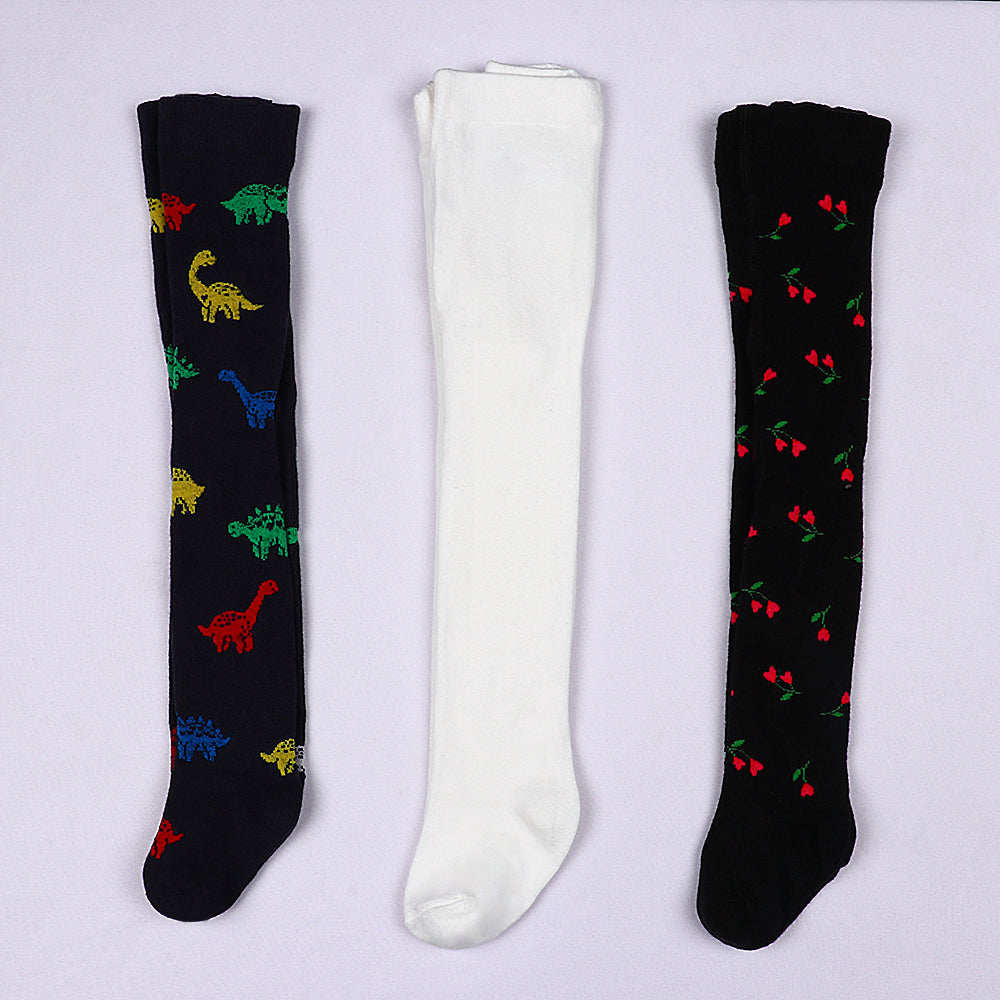 3 Pk Girls Printed & Solid Cotton Stockings – Everyday Comfort Combo Pack