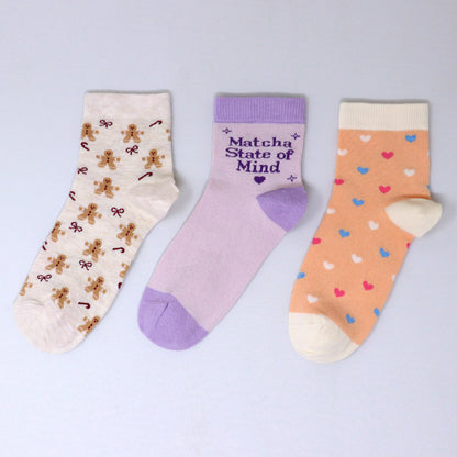 3 Pk Girls Cute Teddy Bear & Heart Print Crew Socks