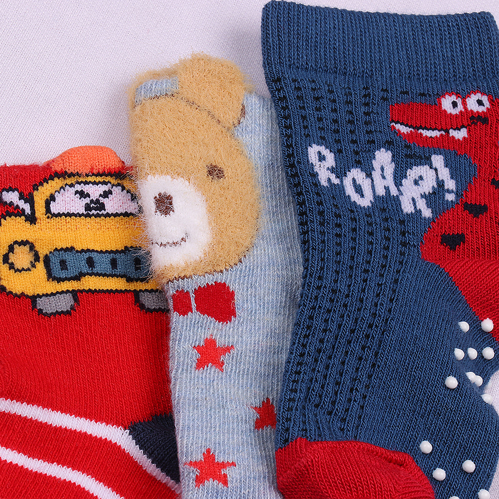 3 Pk Kids Cartoon Crew Socks – Soft Anti-Slip Cotton Socks