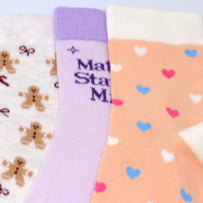 3 Pk Girls Cute Teddy Bear & Heart Print Crew Socks