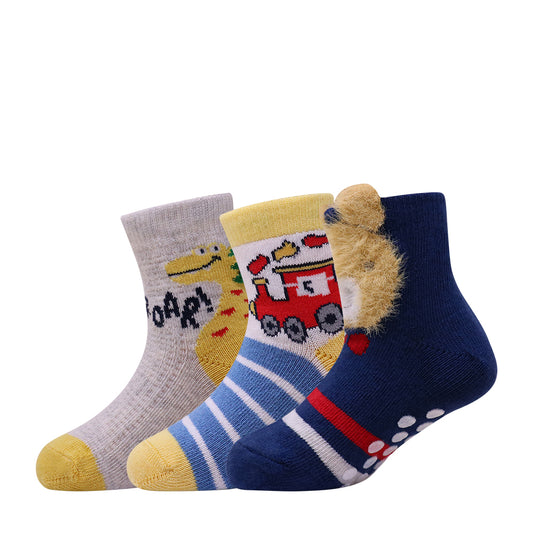 3 Pk Kids Cartoon Crew Socks – Soft Anti-Slip Cotton Socks