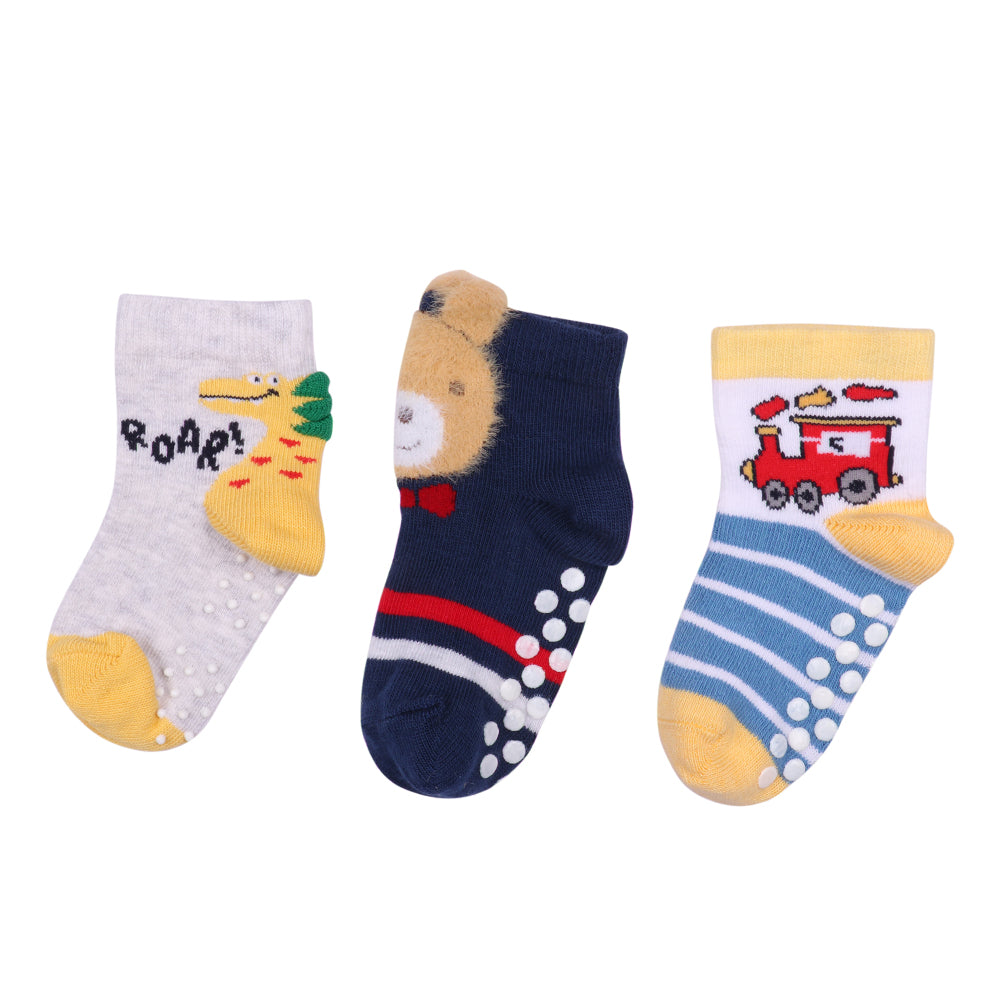 3 Pk Kids Cartoon Crew Socks – Soft Anti-Slip Cotton Socks