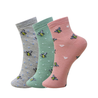 3 Pk Girls’ Cute Bee Printed Crew Socks – Soft & Comfortable Cotton Socks