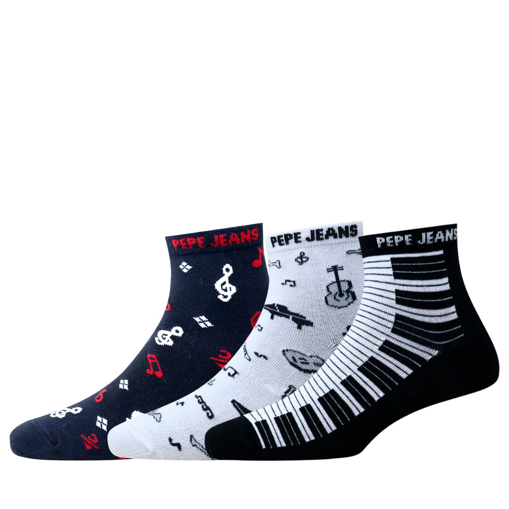 3 Pk Mustang Pepe Jeans Men’s Music Printed Ankle Socks
