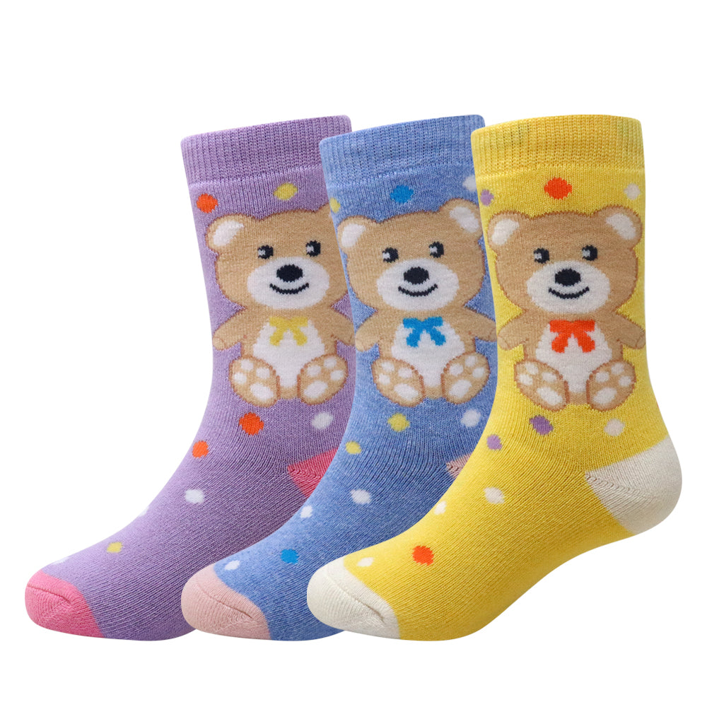 3 Pk Kids Cute Teddy Bear Crew Socks – Soft, Comfortable & Colorful Character Socks