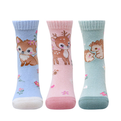 3 Pk Girls’ Woodland Friends Crew Socks – Cute Deer & Forest Animal Printed Socks