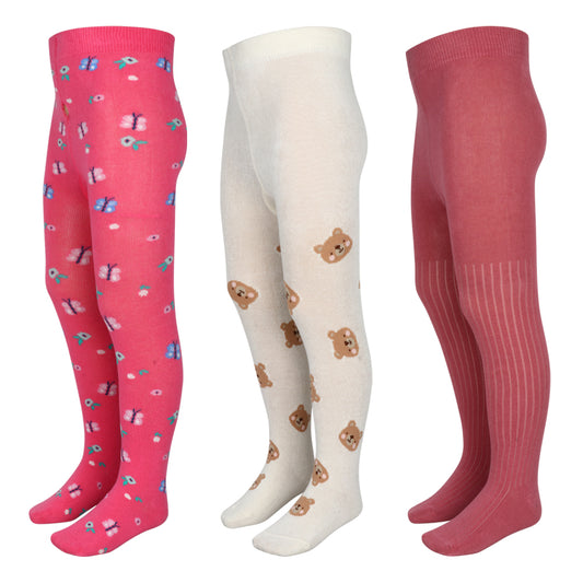 3 Pk Girls' Soft Cotton Printed & Ribbed Tights Combo Pack