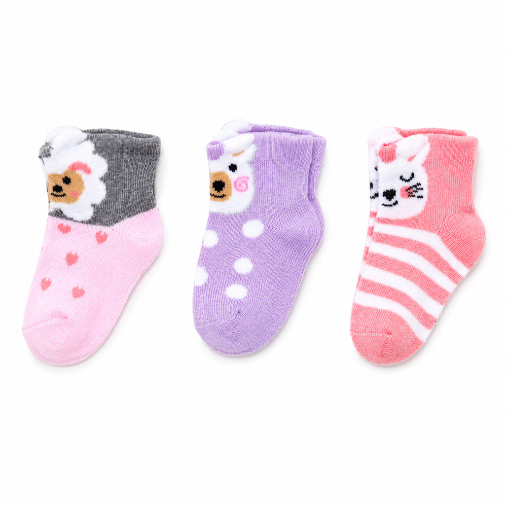3 Pk Infant Cotton Terry Socks Cute Puppy, Bear & Kitty Designs Comfortable Baby Socks