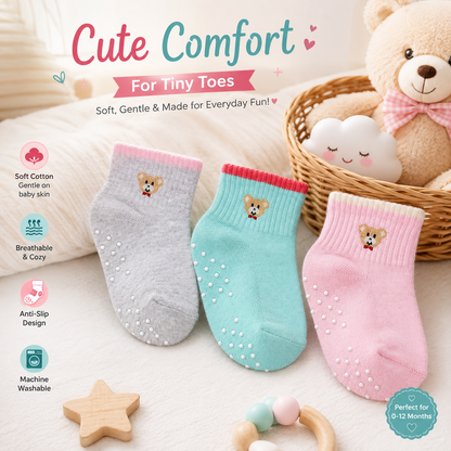 3 Pk Mustang Kids Cute Bear Anti-Skid Socks