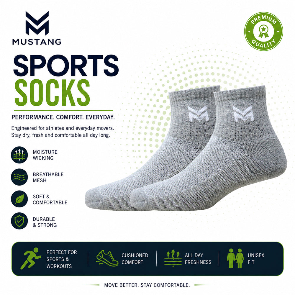 1 Pk Mustang Men’s Sports Socks – Breathable Grey Athletic Socks