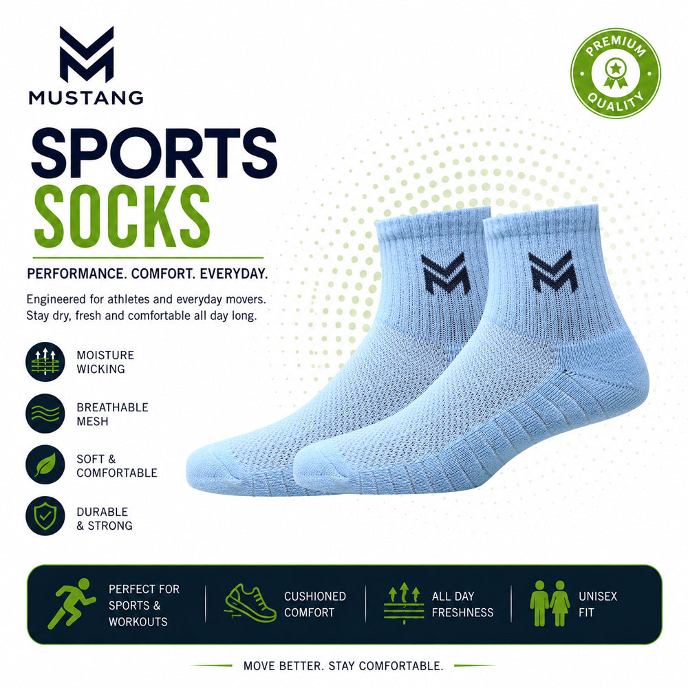 1 Pk Mustang Men’s Sports  Socks – Light Blue Breathable Athletic Socks