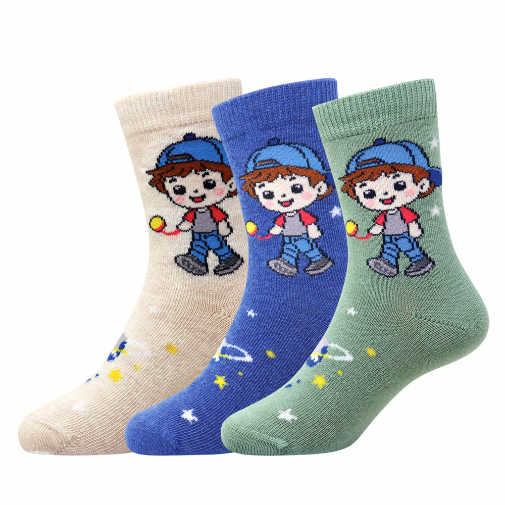 3 Pk Kids’ Cartoon Character Crew-Length Socks – Fun Printed Socks With Star