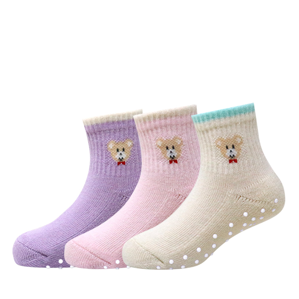 3 Pk Mustang Kids Soft Cotton Blend Bear Socks With Anti-Skid Sole