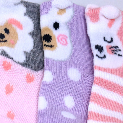 3 Pk Infant Cotton Terry Socks Cute Puppy, Bear & Kitty Designs Comfortable Baby Socks