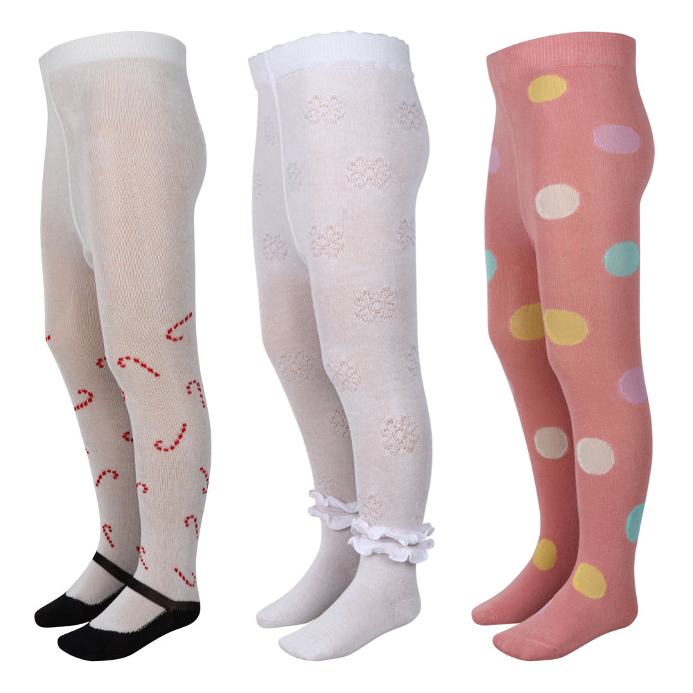 3 Pk Premium Kids' Cotton Pantyhose - Breathable Stretch Footed Tights