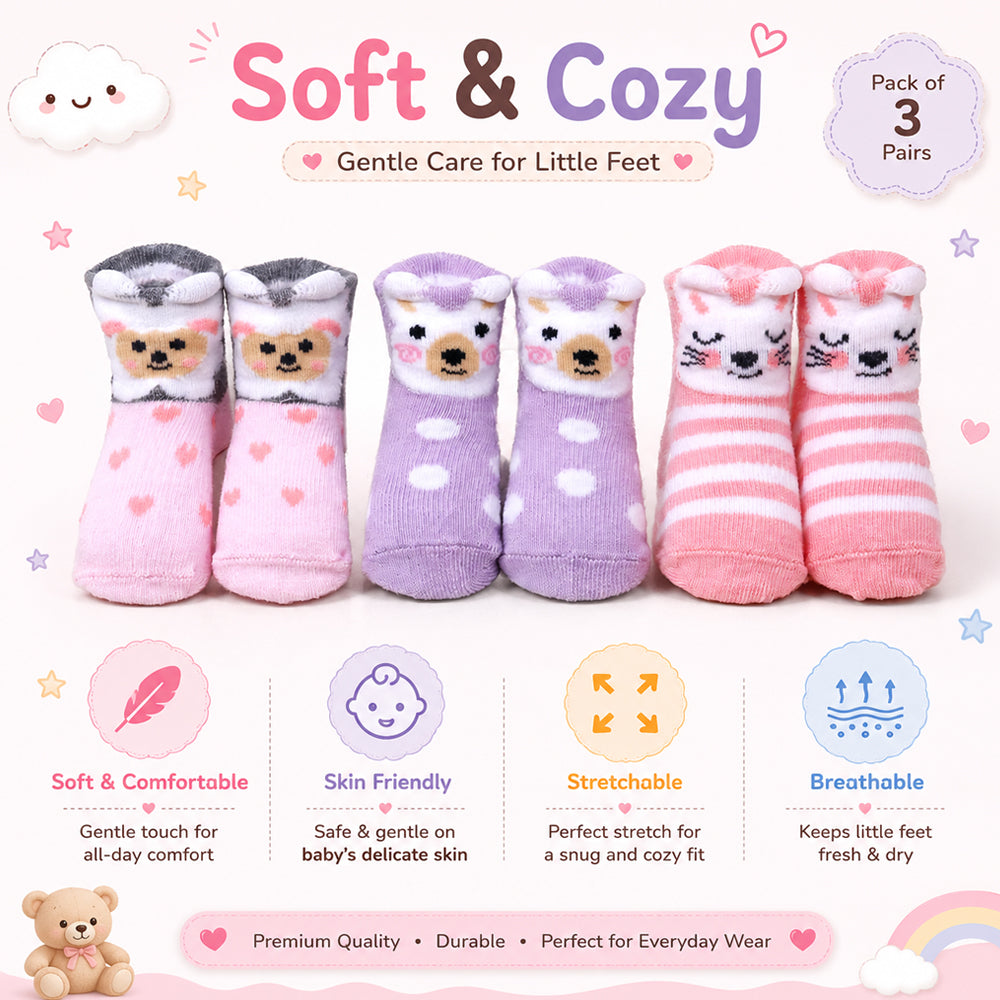 3 Pk Infant Cotton Terry Socks Cute Puppy, Bear & Kitty Designs Comfortable Baby Socks