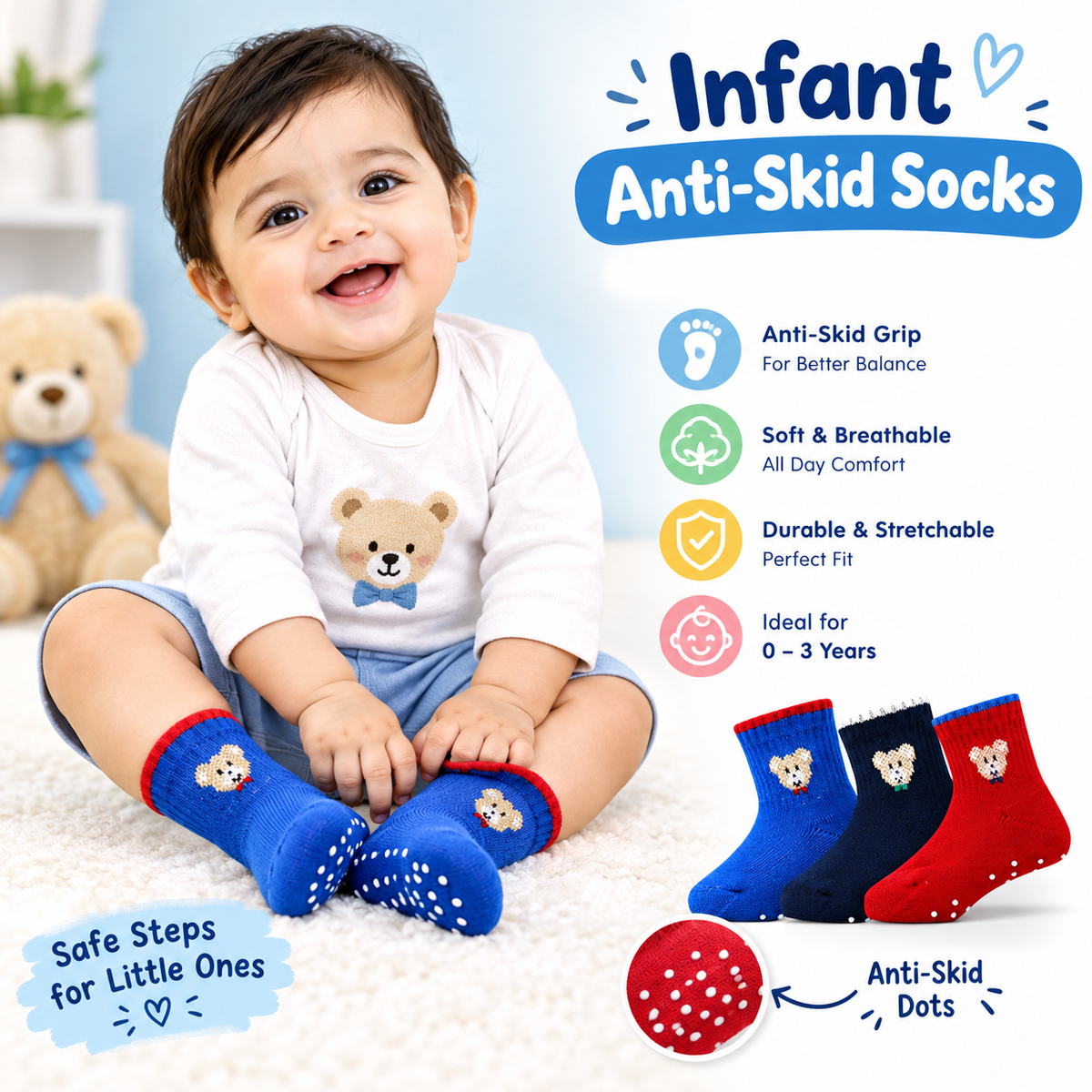 3 Pk Mustang Kids Teddy Bear Anti-Skid Cotton Crew Socks