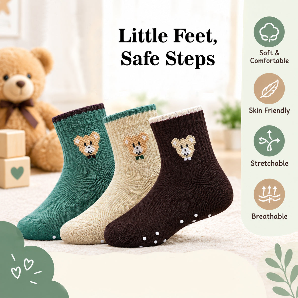 3 Pk Mustang Kids Ankle Socks With Teddy Bear Design & Non-Slip Dots